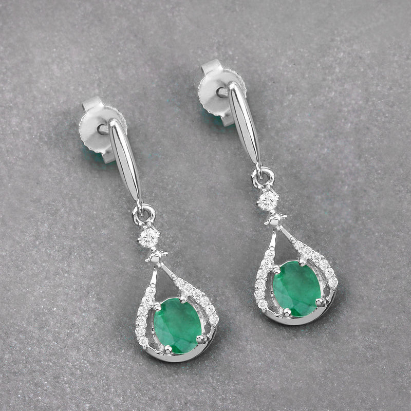 0.70 Carat Genuine Zambian Emerald and White Diamond 14K White Gold Earrings