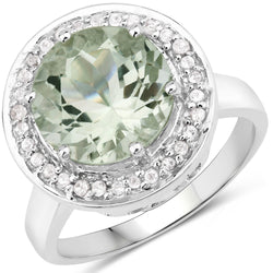 4.94 Carat Genuine Green Amethyst and White Topaz .925 Sterling Silver Ring