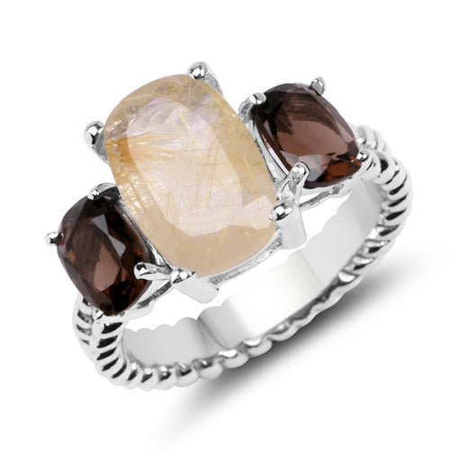 5.75 Carat Genuine Golden Rutile & Smoky Quartz .925 Sterling Silver Ring