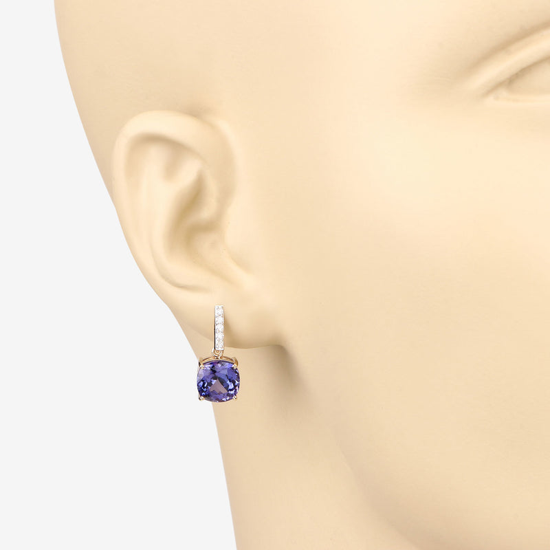 5.64 Carat Genuine Tanzanite and White Diamond 14K Yellow Gold Earrings