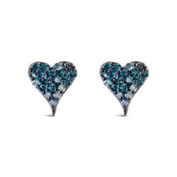 925 Sterling Silver 1/10 Cttw Blue Diamond Heart Shaped Stud Earrings (Blue Color, I3 Clarity)