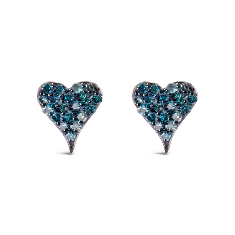 925 Sterling Silver 1/10 Cttw Blue Diamond Heart Shaped Stud Earrings (Blue Color, I3 Clarity)