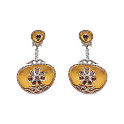 14K White and Yellow Gold 5 1/4 Cttw Rose Cut Diamond Matte Finished Medallion Dangle Earring (Fancy Color, I1-I2 Clarity)