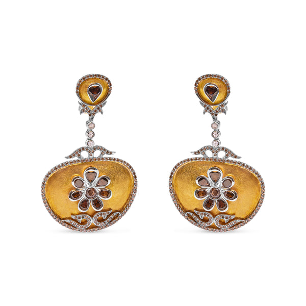 14K White and Yellow Gold 5 1/4 Cttw Rose Cut Diamond Matte Finished Medallion Dangle Earring (Fancy Color, I1-I2 Clarity)