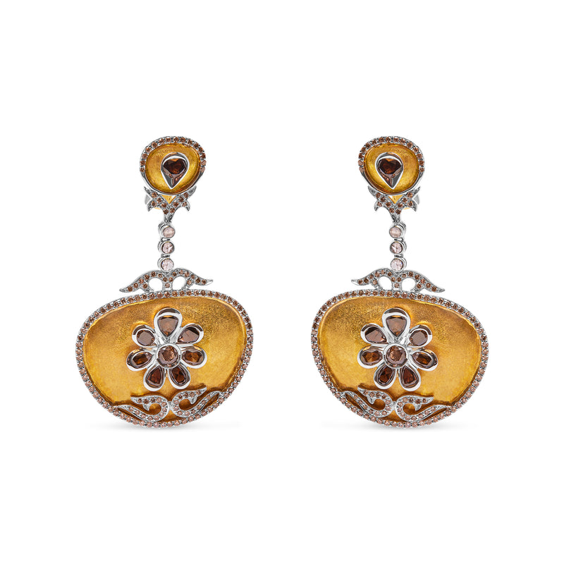 14K White and Yellow Gold 5 1/4 Cttw Rose Cut Diamond Matte Finished Medallion Dangle Earring (Fancy Color, I1-I2 Clarity)