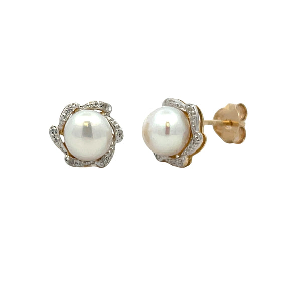 .03ct FW Pearl Diamond Stud Earrings 10KT Yellow Gold