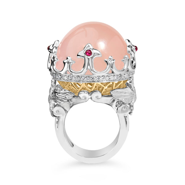 14K White Gold Pink Quartz Crystal Ball and  Diamond and Ruby Crown Shaped Cocktail Ring (F-G Color, SI1-SI2 Clarity) - Ring Size 7