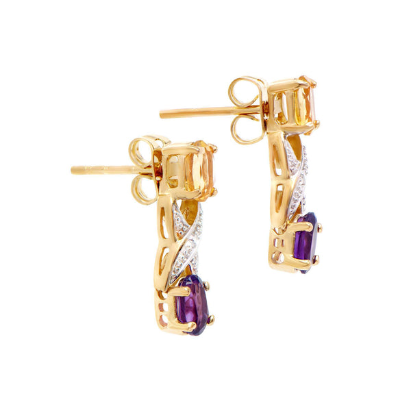 1.62 ctw Amethyst , Citrine & Diamonds 18K Gold Plated Designer Earrings