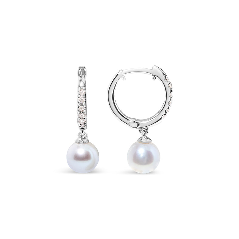 10K White Gold 6x6 MM Cultured Freshwater Pearl and Diamond Accent Drop Huggy Earring (H-I Color, I1-I2 Clarity)