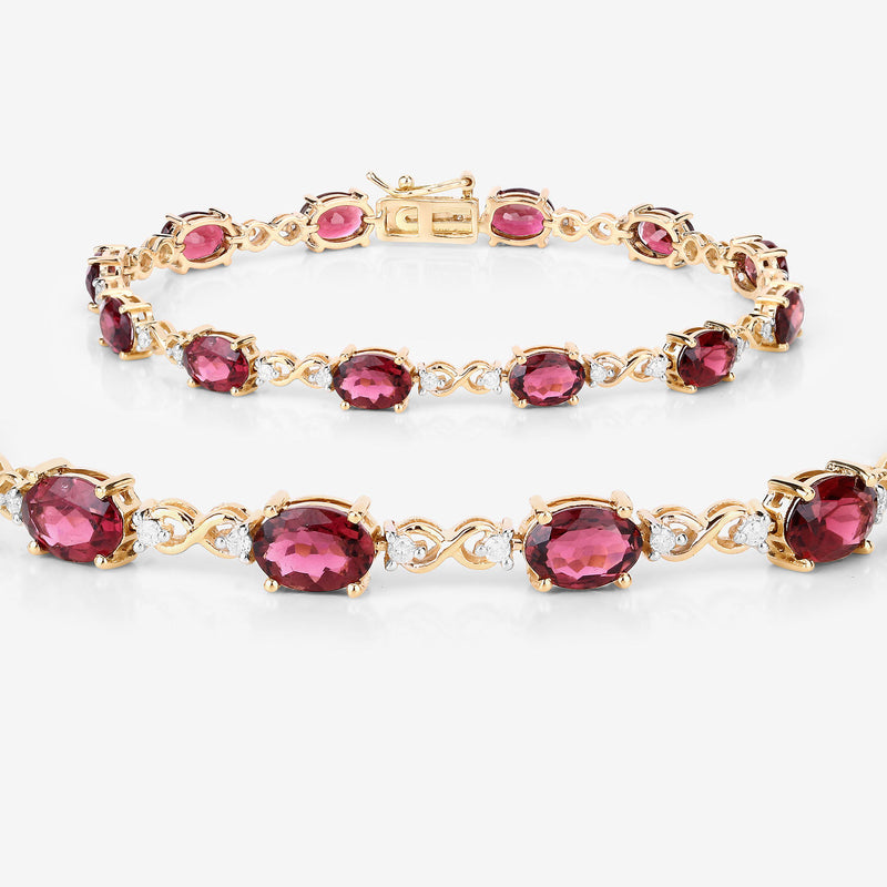 8.74 Carat Genuine Pink Tourmaline and White Diamond 14K Yellow Gold Bracelet