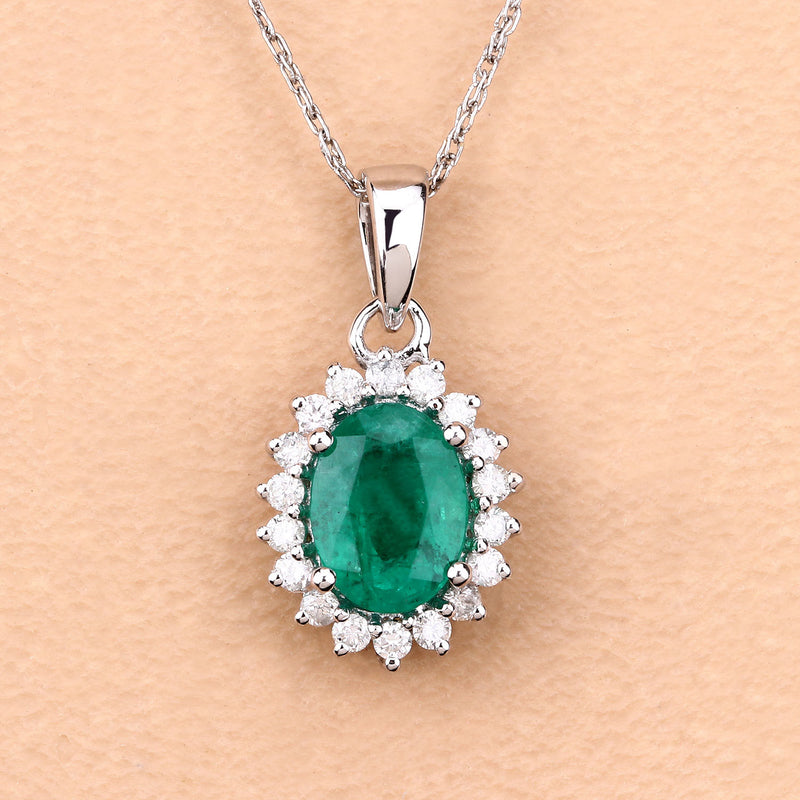 1.43 Carat Genuine Zambian Emerald and White Diamond 14K White Gold Pendant