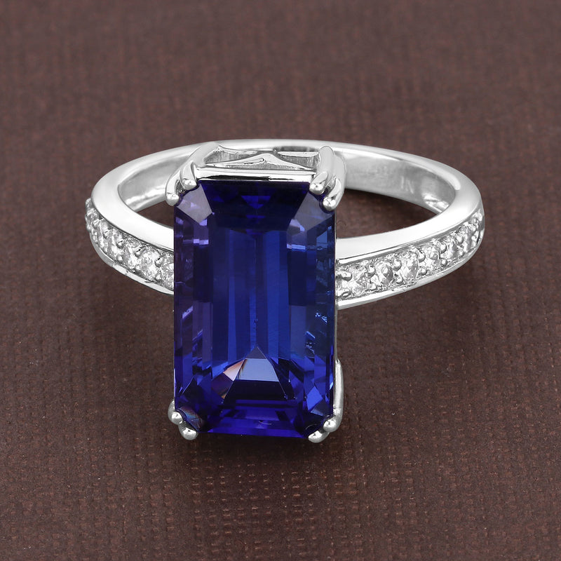 6.95 Carat Genuine Tanzanite and White Diamond 18K White Gold Ring