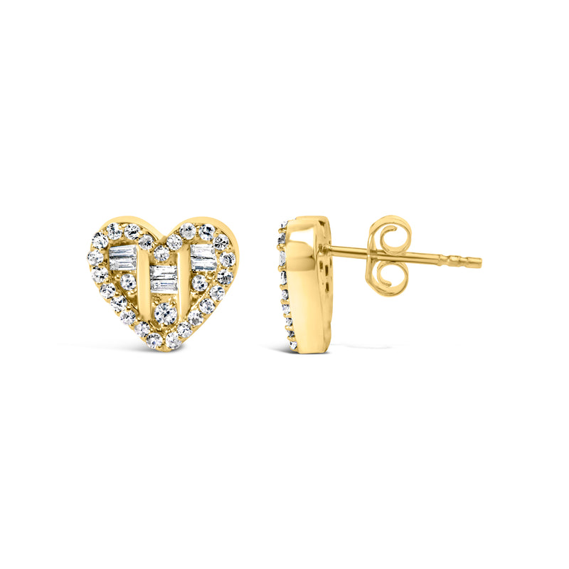 14K Yellow Gold Plated .925 Sterling Silver 1/2 Cttw Round and Baguette Diamond Composite Heart Shaped Stud Earring (I-J Color, SI2-I1 Clarity)