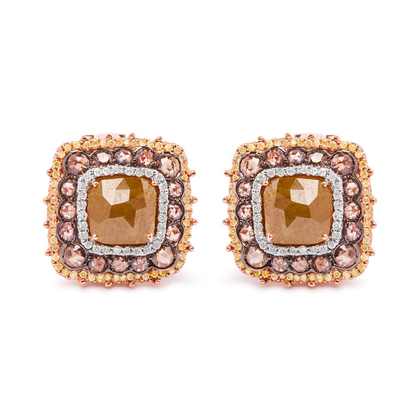 14K Rose Gold 6.00 Cttw Fancy Diamond Cushion Shaped Triple Halo Stud Earrings (Fancy Color, I2-I3 Clarity)