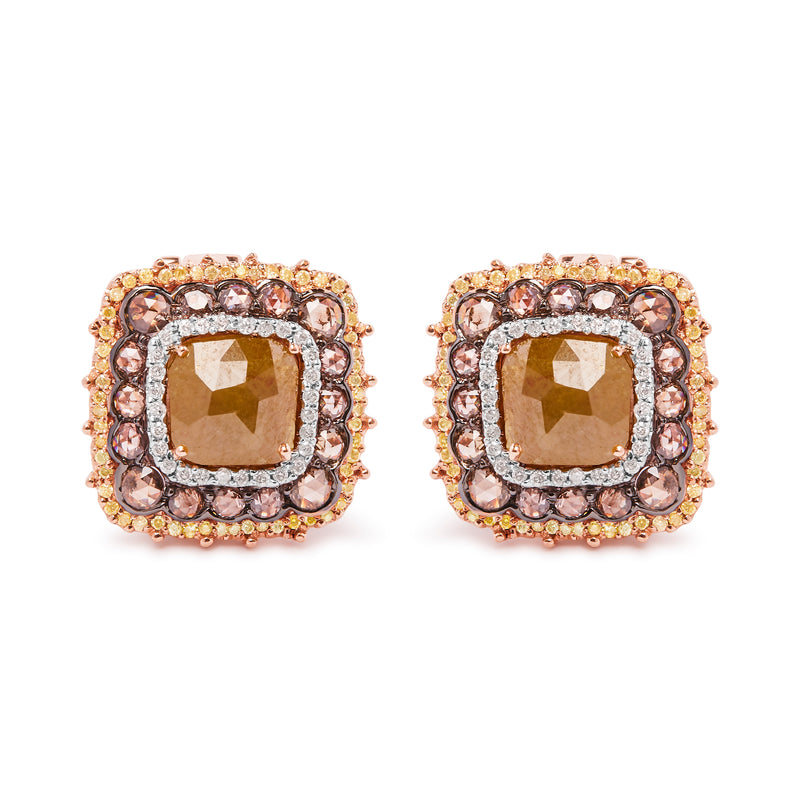 14K Rose Gold 6.00 Cttw Fancy Diamond Cushion Shaped Triple Halo Stud Earrings (Fancy Color, I2-I3 Clarity)