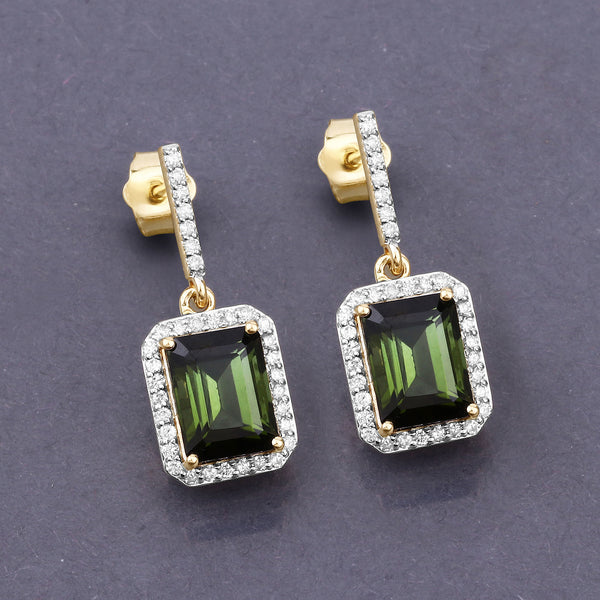 3.56 Carat Genuine Green Tourmaline and White Diamond 14K Yellow Gold Earrings