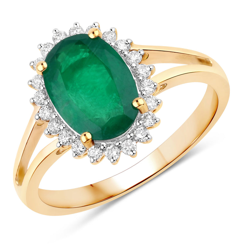 1.79 Carat Genuine Zambian Emerald and White Diamond 14K Yellow Gold Ring