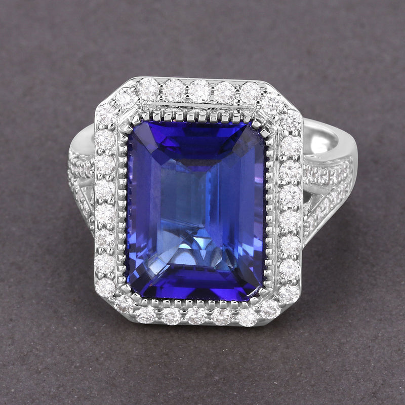 6.51 Carat Genuine Tanzanite and White Diamond 18K White Gold Ring