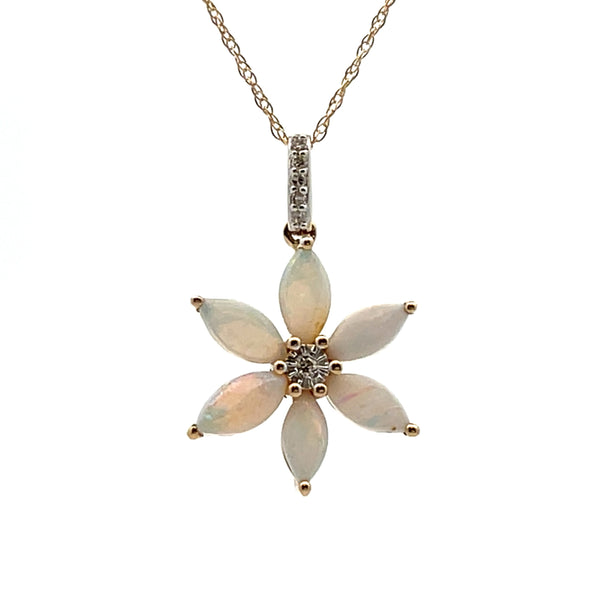 .02ct Opal Diamond Flower Pendant 14KT Yellow Gold
