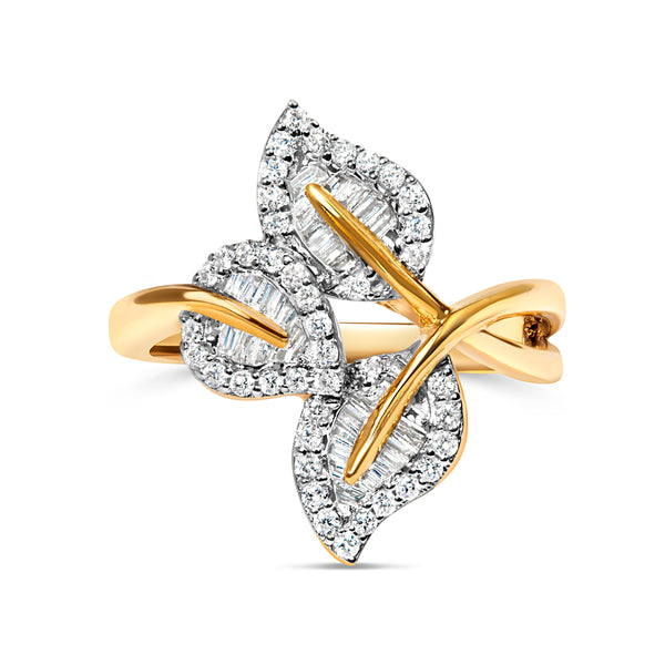 18K Yellow Gold Plated .925 Sterling Silver 1/2 Cttw Baguette and Round Diamond Bypass Triple Leaf Ring (I-J Color, I1-I2 Clarity) - Size 5