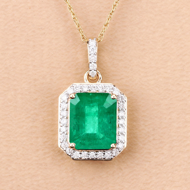 IGI Certified 3.38 Carat Genuine Zambian Emerald and White Diamond 14K Yellow Gold Pendant