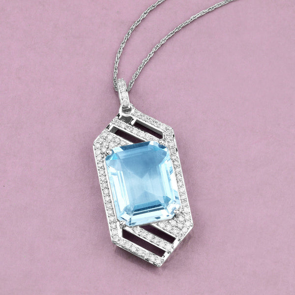 8.65 Carat Genuine Aquamarine and White Diamond 14K White Gold Pendant