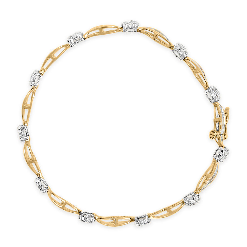 10K Yellow and White Gold 1.00 Cttw Round-Cut and Baguette-Cut Diamond Floral S-Link 7" Bracelet (I-J Color, I1-I2 Clarity)