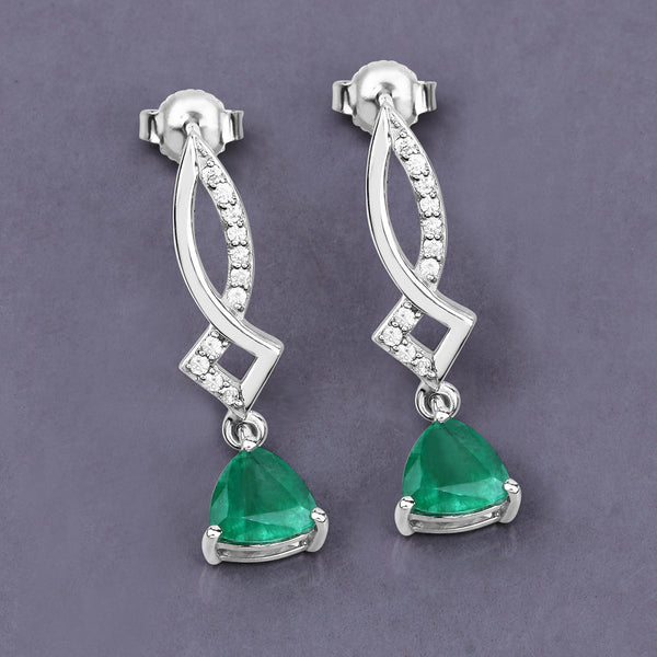 1.12 Carat Genuine Zambian Emerald and White Diamond 14K White Gold Earrings