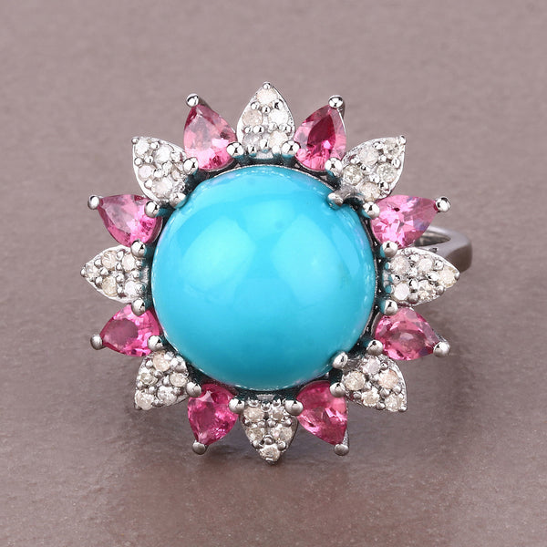 10.03 Carat Genuine Pink Tourmaline, Turquoise and White Diamond .925 Sterling Silver Ring