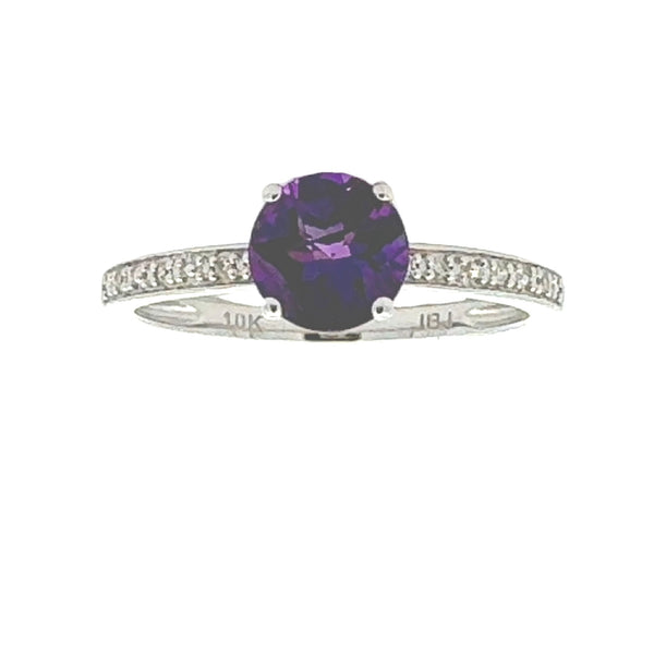 Genuine .79ct Amethyst Diamond Ring 10KT White Gold