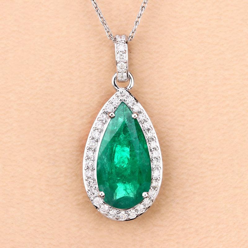 IGI Certified 3.66 Carat Genuine Zambian Emerald and White Diamond 14K White Gold Pendant