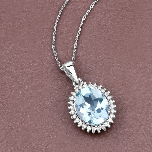 2.81 Carat Genuine Aquamarine and White Diamond 14K White Gold Pendant