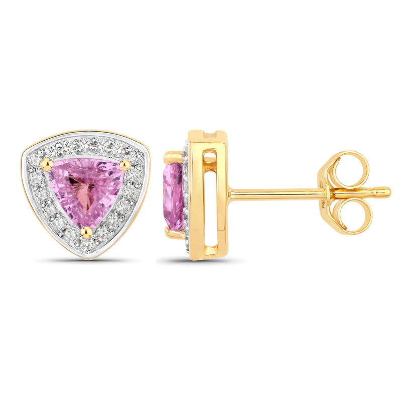 1.05 Carat Genuine Pink Sapphire and White Diamond 14K Yellow Gold Earrings