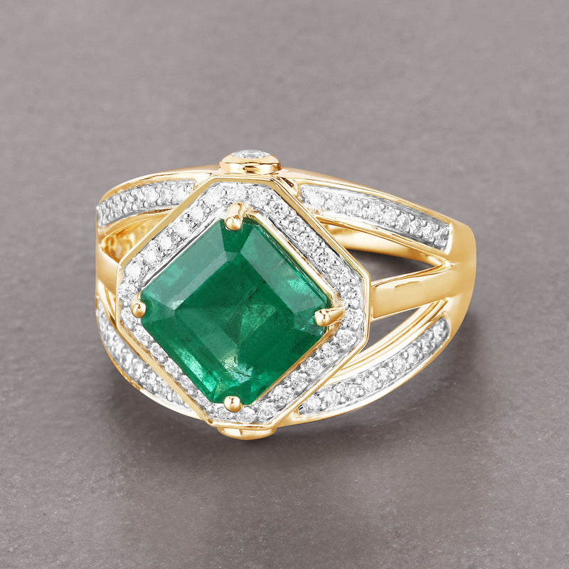 IGI Certified 3.48 Carat Genuine Zambian Emerald and White Diamond 14K Yellow Gold Ring