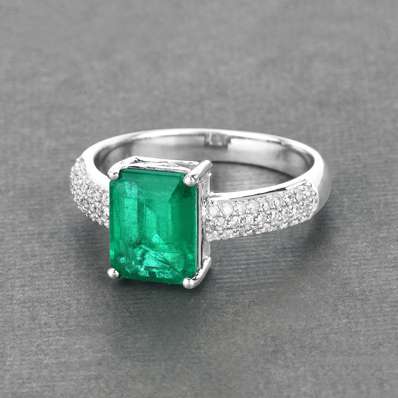 IGI Certified 2.52 Carat Genuine Zambian Emerald and White Diamond 14K White Gold Ring