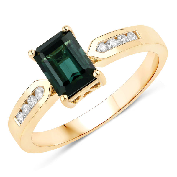 1.19 Carat Genuine Green Tourmaline and White Diamond 14K Yellow Gold Ring