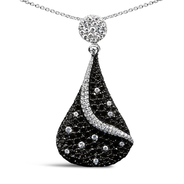 18K White Gold 6 1/3 Cttw Pave Set Black and White Diamond Teardrop Pendant Necklace (F-G Color, VS1-VS2 Clarity) - 18 Inches