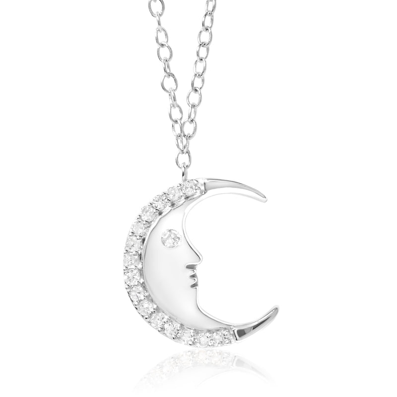 925 Sterling Silver 1/10ct Diamond Crescent Man on the Moon 18" Pendant Necklace  (H-I Color, SI1-SI2 Clarity)