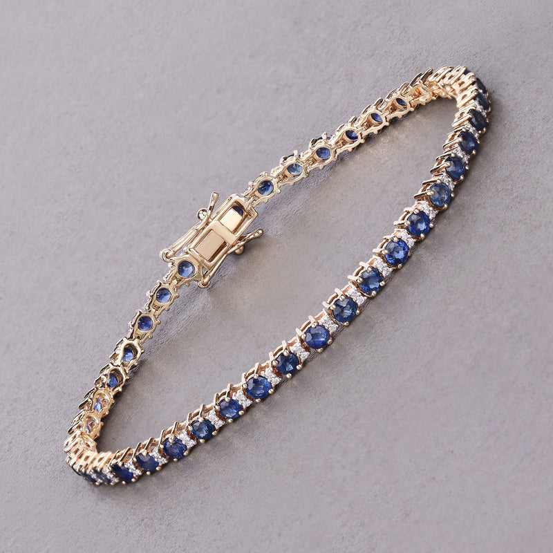 5.56 Carat Genuine Blue Sapphire and White Diamond 14K Yellow Gold Bracelet