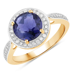 1.79 Carat Genuine Iolite and White Diamond 14K Yellow Gold Ring