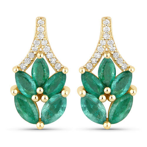 0.91 Carat Genuine Zambian Emerald and White Diamond 14K Yellow Gold Earrings