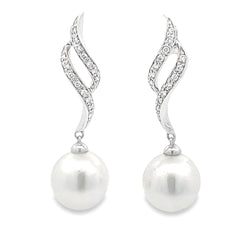 South Sea Pearl Diamond Dangle Earrings 14KT White Gold