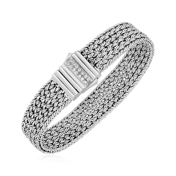 Woven Rope Bracelet with White Sapphire Accented Clasp in Sterling Silver