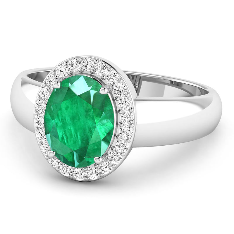 1.87 Carat Genuine Zambian Emerald and White Diamond 14K White Gold Ring