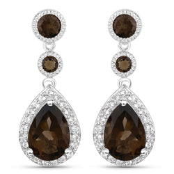 7.34 Carat Genuine Smoky Quartz and White Topaz .925 Sterling Silver Earrings