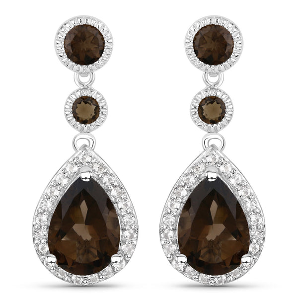 7.34 Carat Genuine Smoky Quartz and White Topaz .925 Sterling Silver Earrings