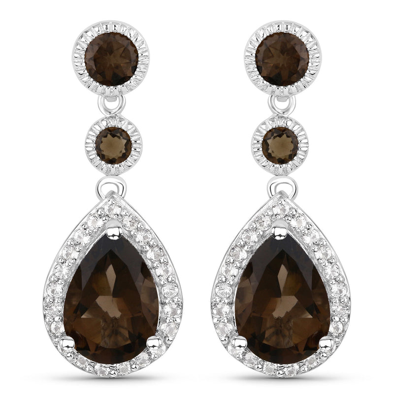7.34 Carat Genuine Smoky Quartz and White Topaz .925 Sterling Silver Earrings