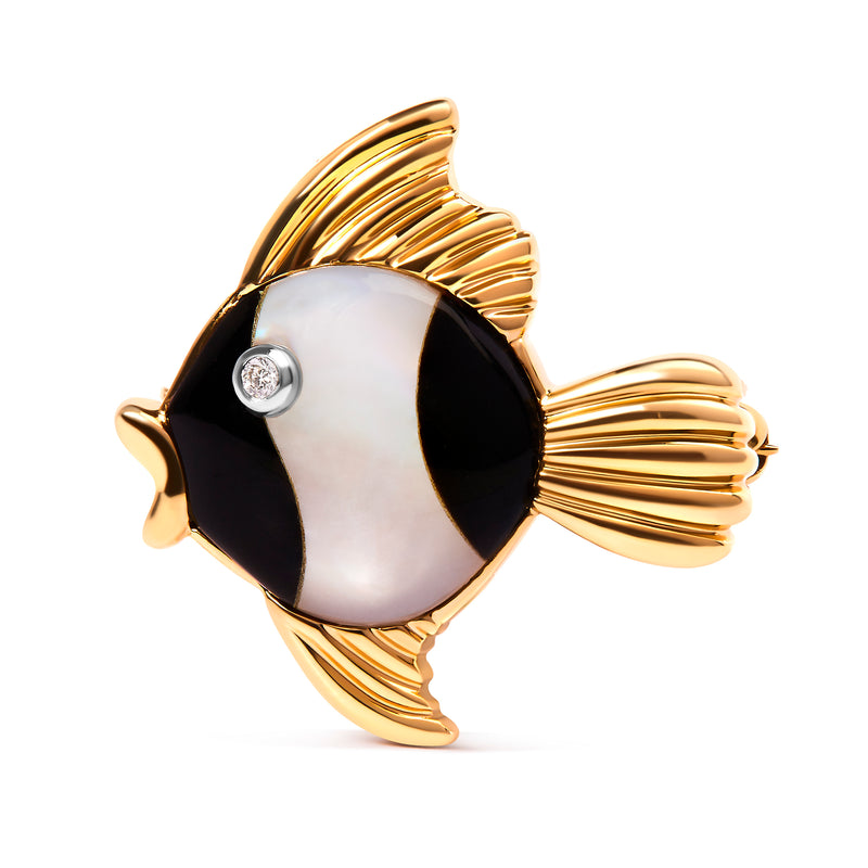 14K Yellow Gold Diamond Accent Zebra Fish Enamel Brooch Pin (H-I Color, VS2-SI1 Clarity)