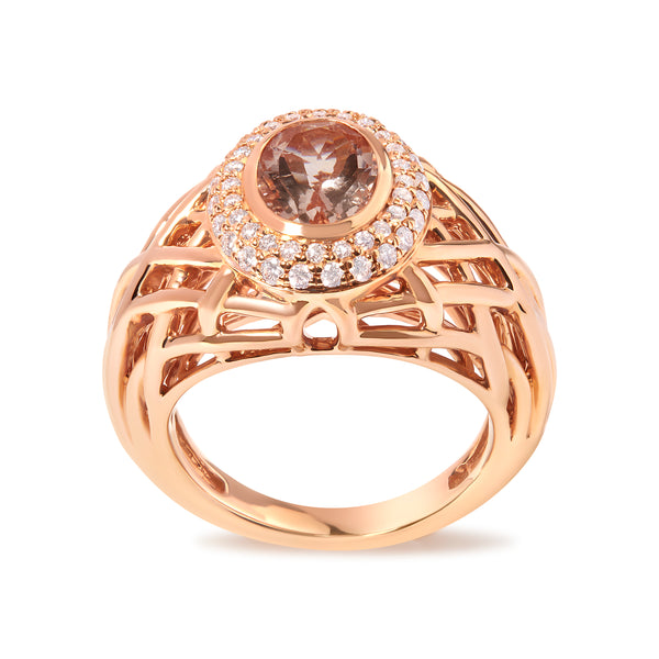 14K Rose Gold Oval Cut Light Pink Morganite and 3/8 Cttw Diamonds Halo and Basket Weave Cocktail Ring (G-H Color, SI1-SI2 Clarity) - Size 7