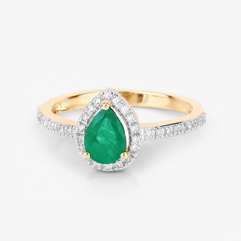 0.88 Carat Genuine Zambian Emerald and White Diamond 14K Yellow Gold Ring